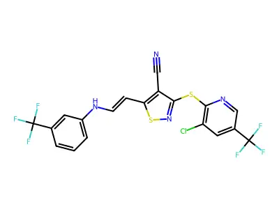 3-[3-chloro-5-(trifluoromethyl)pyridin-2-yl]sulfanyl-5-[2-[3-(trifluoromethyl)anilino]ethenyl]-1,2-thiazole-4-carbonitrile structure