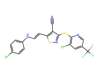 5-[2-(4-chloroanilino)ethenyl]-3-[3-chloro-5-(trifluoromethyl)pyridin-2-yl]sulfanyl-1,2-thiazole-4-carbonitrile structure