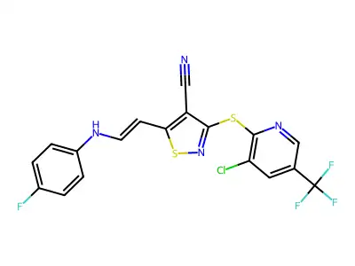 3-[3-chloro-5-(trifluoromethyl)pyridin-2-yl]sulfanyl-5-[2-(4-fluoroanilino)ethenyl]-1,2-thiazole-4-carbonitrile structure