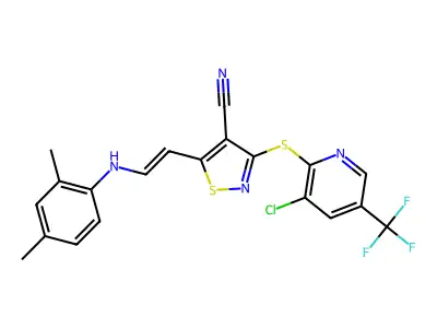 3-[3-chloro-5-(trifluoromethyl)pyridin-2-yl]sulfanyl-5-[2-(2,4-dimethylanilino)ethenyl]-1,2-thiazole-4-carbonitrile structure