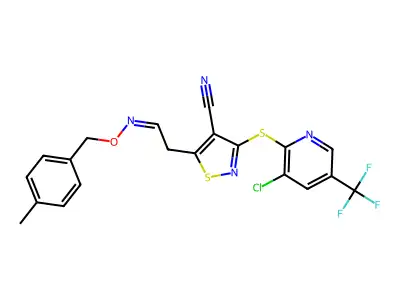 3-[3-chloro-5-(trifluoromethyl)pyridin-2-yl]sulfanyl-5-[2-[(4-methylphenyl)methoxyimino]ethyl]-1,2-thiazole-4-carbonitrile structure