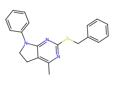 2-(benzylsulfanyl)-4-methyl-7-phenyl-6,7-dihydro-5H-pyrrolo[2,3-d]pyrimidine structure