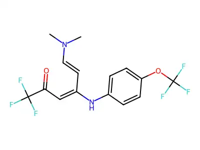 6-(dimethylamino)-1,1,1-trifluoro-4-[4-(trifluoromethoxy)anilino]hexa-3,5-dien-2-one structure