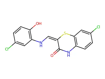 7-chloro-2-[(5-chloro-2-hydroxyanilino)methylidene]-4H-1,4-benzothiazin-3-one structure