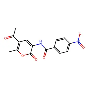 N-(5-acetyl-6-methyl-2-oxo-2H-pyran-3-yl)-4-nitrobenzenecarboxamide structure