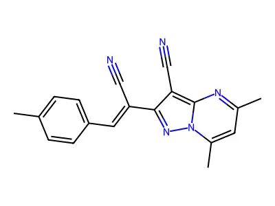 2-[1-cyano-2-(4-methylphenyl)vinyl]-5,7-dimethylpyrazolo[1,5-a]pyrimidine-3-carbonitrile structure