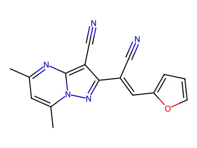 2-[1-cyano-2-(2-furyl)vinyl]-5,7-dimethylpyrazolo[1,5-a]pyrimidine-3-carbonitrile structure