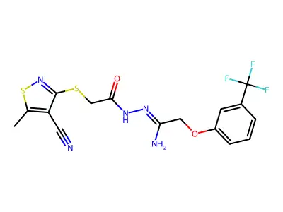 N-[[1-amino-2-[3-(trifluoromethyl)phenoxy]ethylidene]amino]-2-[(4-cyano-5-methyl-1,2-thiazol-3-yl)sulfanyl]acetamide structure