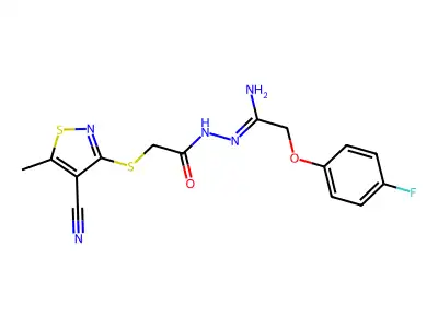 2-[(4-cyano-5-methyl-3-isothiazolyl)sulfanyl]-N'-[2-(4-fluorophenoxy)ethanimidoyl]acetohydrazide structure