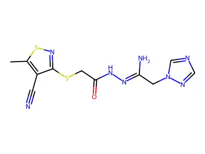 2-[(4-cyano-5-methyl-3-isothiazolyl)sulfanyl]-N'-[2-(1H-1,2,4-triazol-1-yl)ethanimidoyl]acetohydrazide structure
