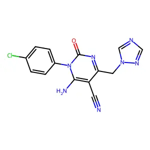 6-amino-1-(4-chlorophenyl)-2-oxo-4-(1H-1,2,4-triazol-1-ylmethyl)-1,2-dihydro-5-pyrimidinecarbonitrile structure