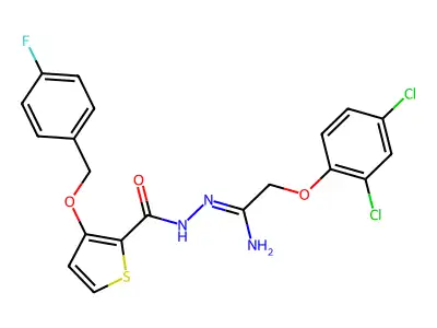 N'-[2-(2,4-dichlorophenoxy)ethanimidoyl]-3-[(4-fluorobenzyl)oxy]-2-thiophenecarbohydrazide structure