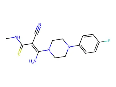 3-amino-2-cyano-3-[4-(4-fluorophenyl)piperazino]-N-methyl-2-propenethioamide structure