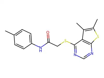 2-(5,6-dimethylthieno[2,3-d]pyrimidin-4-yl)sulfanyl-N-(4-methylphenyl)acetamide structure