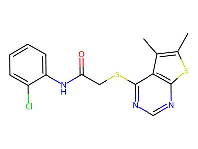 2-(5,6-dimethylthiopheno[3,2-e]pyrimidin-4-ylthio)-N-(2-chlorophenyl)acetamide structure