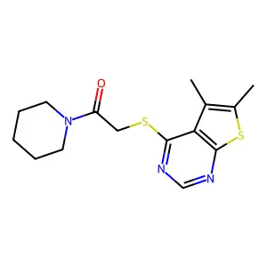 2-(5,6-Dimethylthieno[2,3-d]pyrimidin-4-yl)sulfanyl-1-piperidin-1-ylethanone structure