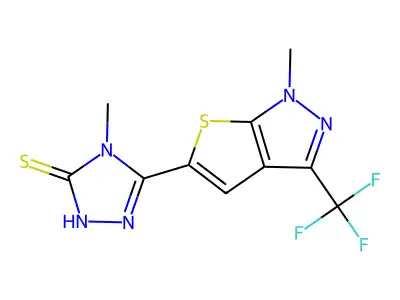 4-methyl-5-[1-methyl-3-(trifluoromethyl)-1H-thieno[2,3-c]pyrazol-5-yl]-4H-1,2,4-triazole-3-thiol structure