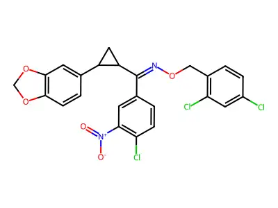 [2-(1,3-benzodioxol-5-yl)cyclopropyl](4-chloro-3-nitrophenyl)methanone O-(2,4-dichlorobenzyl)oxime structure