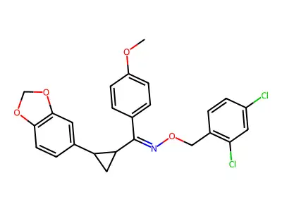 [2-(1,3-benzodioxol-5-yl)cyclopropyl](4-methoxyphenyl)methanone O-(2,4-dichlorobenzyl)oxime structure