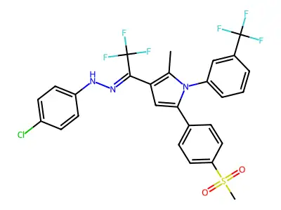 2,2,2-trifluoro-1-{2-methyl-5-[4-(methylsulfonyl)phenyl]-1-[3-(trifluoromethyl)phenyl]-1H-pyrrol-3-yl}-1-ethanone N-(4-chlorophenyl)hydrazone structure