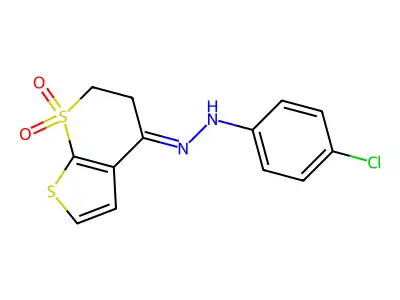 4-chloro-N-[(7,7-dioxo-5,6-dihydrothieno[2,3-b]thiopyran-4-ylidene)amino]aniline structure