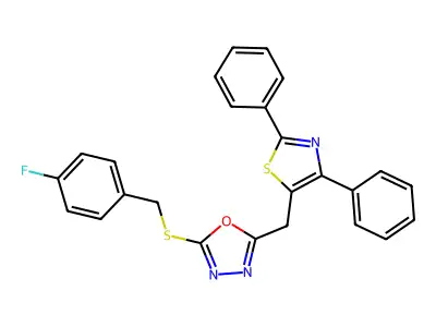 5-[(2,4-diphenyl-1,3-thiazol-5-yl)methyl]-1,3,4-oxadiazol-2-yl 4-fluorobenzyl sulfide structure