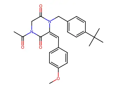 1-acetyl-4-[(4-tert-butylphenyl)methyl]-3-[(4-methoxyphenyl)methylidene]piperazine-2,5-dione structure