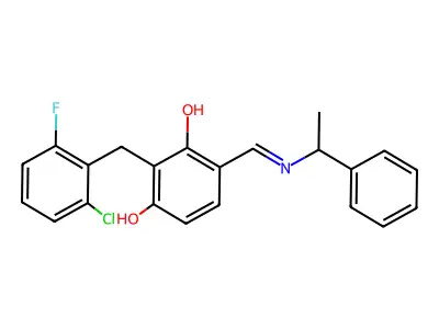 2-(2-Chloro-6-fluorobenzyl)-4-{[(1-phenylethyl)imino]methyl}-1,3-benzenediol structure