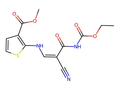 methyl 2-({(Z)-2-cyano-3-[(ethoxycarbonyl)amino]-3-oxo-1-propenyl}amino)-3-thiophenecarboxylate structure