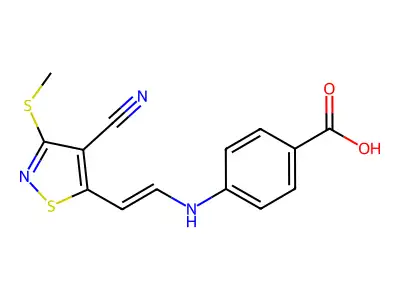4-[2-(4-Cyano-3-methylsulfanyl-1,2-thiazol-5-yl)ethenylamino]benzoic acid structure
