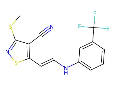 3-(methylsulfanyl)-5-{2-[3-(trifluoromethyl)anilino]vinyl}-4-isothiazolecarbonitrile structure
