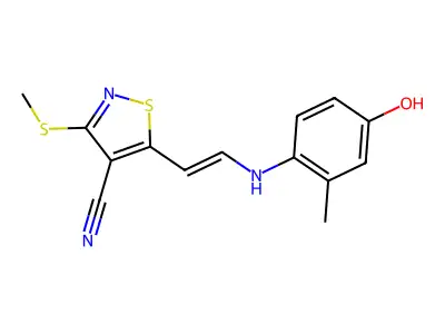 5-[2-(4-hydroxy-2-methylanilino)ethenyl]-3-methylsulfanyl-1,2-thiazole-4-carbonitrile structure