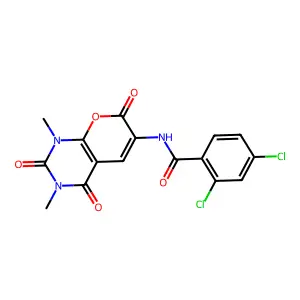 2,4-dichloro-N-(1,3-dimethyl-2,4,7-trioxopyrano[2,3-d]pyrimidin-6-yl)benzamide structure