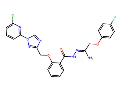 2-{[1-(6-chloro-2-pyridinyl)-1H-1,2,4-triazol-3-yl]methoxy}-N'-[2-(4-fluorophenoxy)ethanimidoyl]benzenecarbohydrazide structure