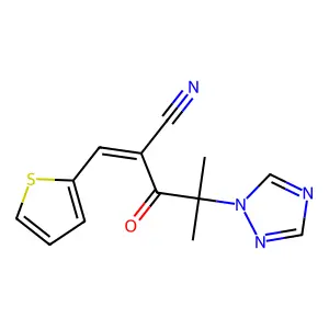 4-Methyl-3-oxo-2-(thiophen-2-ylmethylidene)-4-(1,2,4-triazol-1-yl)pentanenitrile structure