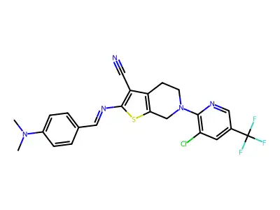 6-[3-chloro-5-(trifluoromethyl)-2-pyridinyl]-2-({[4-(dimethylamino)phenyl]methylene}amino)-4,5,6,7-tetrahydrothieno[2,3-c]pyridine-3-carbonitrile structure