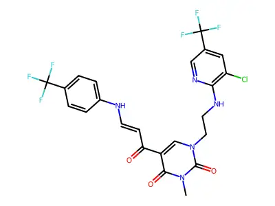 1-(2-{[3-chloro-5-(trifluoromethyl)-2-pyridinyl]amino}ethyl)-3-methyl-5-{3-[4-(trifluoromethyl)anilino]acryloyl}-2,4(1H,3H)-pyrimidinedione structure
