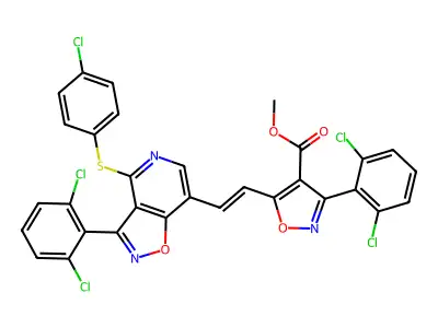 methyl 5-[2-[4-(4-chlorophenyl)sulfanyl-3-(2,6-dichlorophenyl)-[1,2]oxazolo[4,5-c]pyridin-7-yl]ethenyl]-3-(2,6-dichlorophenyl)-1,2-oxazole-4-carboxylate structure