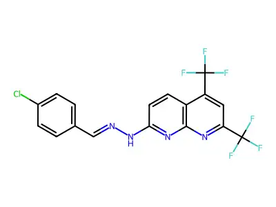 N-[(4-chlorophenyl)methylideneamino]-5,7-bis(trifluoromethyl)-1,8-naphthyridin-2-amine structure