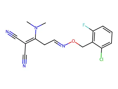 2-[3-{[(2-chloro-6-fluorobenzyl)oxy]imino}-1-(dimethylamino)propylidene]malononitrile structure
