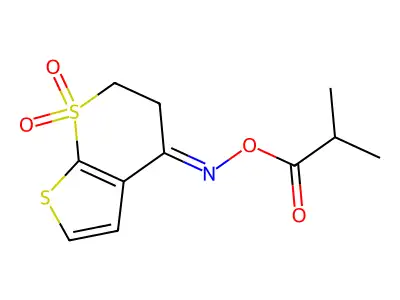 [(7,7-dioxo-5,6-dihydrothieno[2,3-b]thiopyran-4-ylidene)amino] 2-methylpropanoate structure