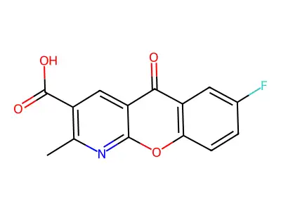 7-fluoro-2-methyl-5-oxo-5H-chromeno[2,3-b]pyridine-3-carboxylic acid structure