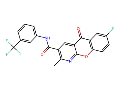 7-fluoro-2-methyl-5-oxo-N-[3-(trifluoromethyl)phenyl]-5H-chromeno[2,3-b]pyridine-3-carboxamide structure