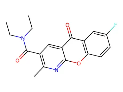 N,N-diethyl-7-fluoro-2-methyl-5-oxo-5H-chromeno[2,3-b]pyridine-3-carboxamide structure