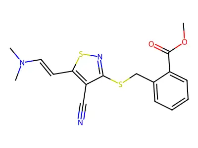 methyl 2-[({4-cyano-5-[2-(dimethylamino)vinyl]-3-isothiazolyl}sulfanyl)methyl]benzenecarboxylate structure