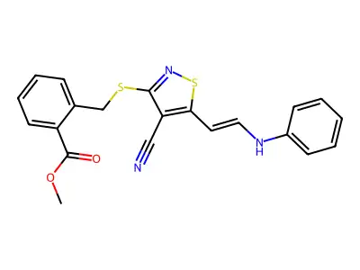 Methyl 2-[[5-(2-anilinoethenyl)-4-cyano-1,2-thiazol-3-yl]sulfanylmethyl]benzoate structure