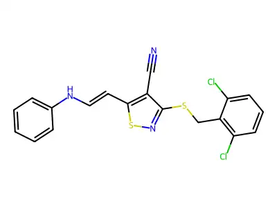 5-(2-anilinoethenyl)-3-[(2,6-dichlorophenyl)methylsulfanyl]-1,2-thiazole-4-carbonitrile structure