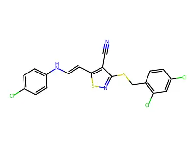 5-[2-(4-chloroanilino)vinyl]-3-[(2,4-dichlorobenzyl)sulfanyl]-4-isothiazolecarbonitrile structure