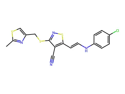 5-[2-(4-chloroanilino)ethenyl]-3-[(2-methyl-1,3-thiazol-4-yl)methylsulfanyl]-1,2-thiazole-4-carbonitrile structure