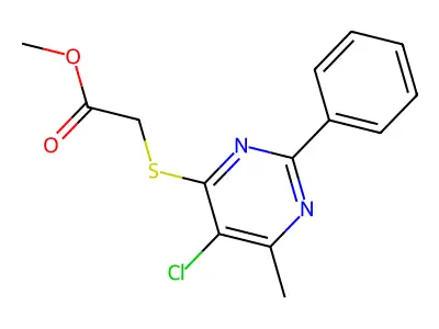 Methyl 2-[(5-chloro-6-methyl-2-phenyl-4-pyrimidinyl)sulfanyl]acetate structure